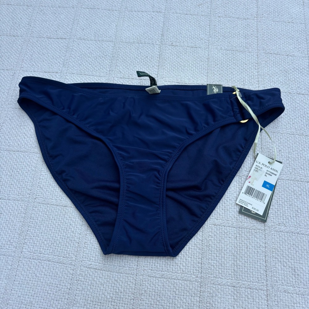 Women's XL US POLO ASSN Solid Navy Blue Gold O-Ring Preppy Bikini Bottoms NWT